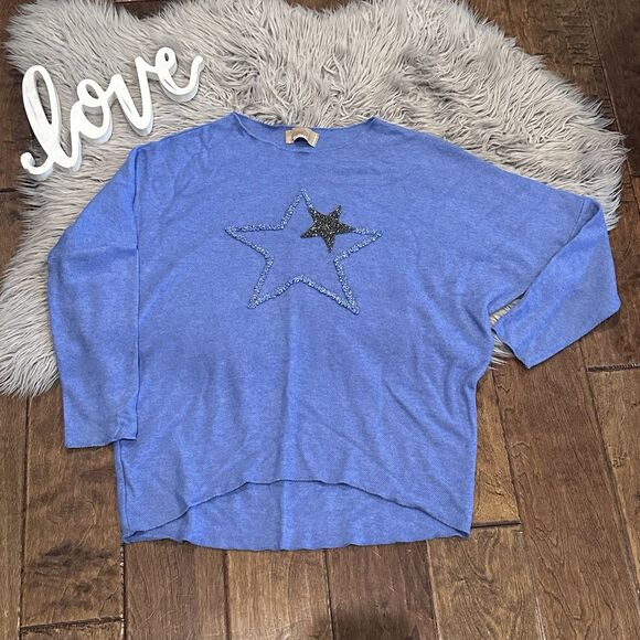 Free For Humanity Sweater Size 6 Viscose Blue Stars Quarter Sleeves Italy - Picture 1 of 5